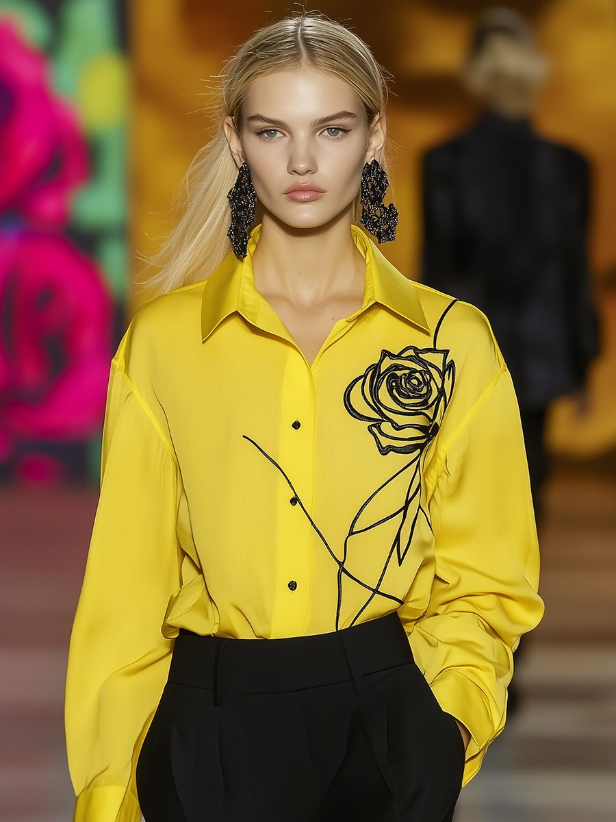 Intellectual and Capable Artistic Hand-painted Lines Rose Embroidery Yellow Satin Shirt