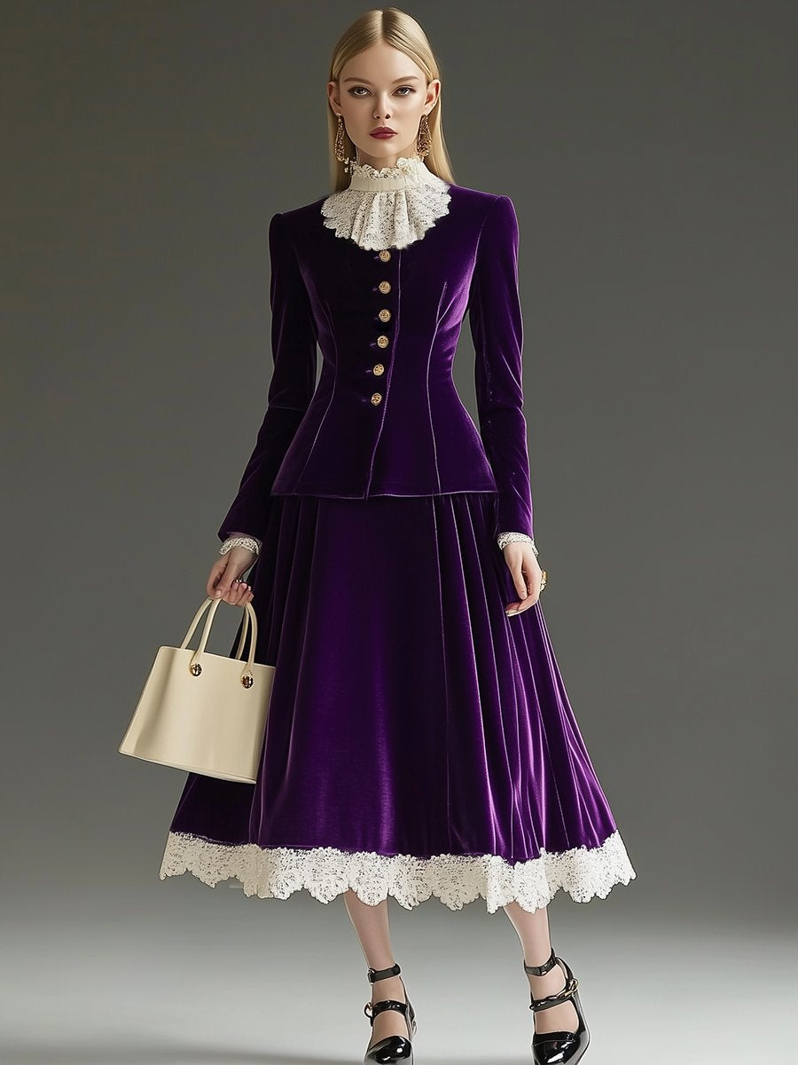 Retro Elegant Lace Collar Mid-Length Purple Velvet Set