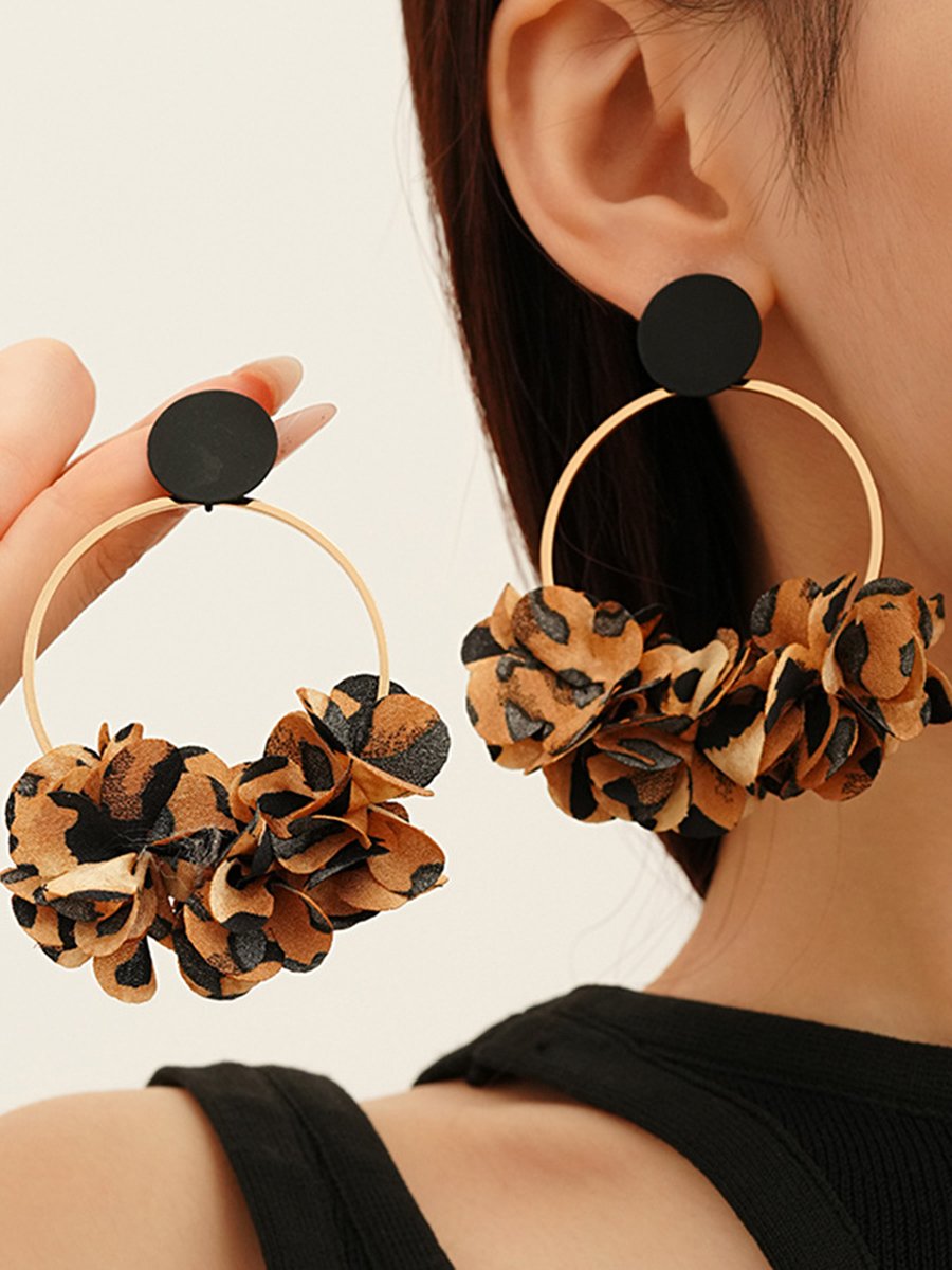 Vintage Fabric Leopard Print Geometric Petal Steel Needle Earrings