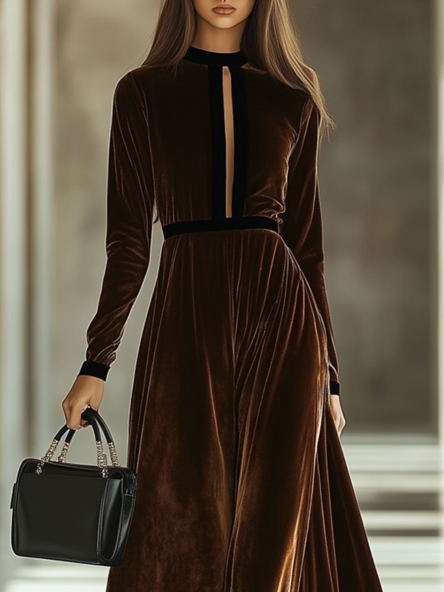 Retro Fashion Velvet Colorblock Hollow Long Sleeve Maxi Dress