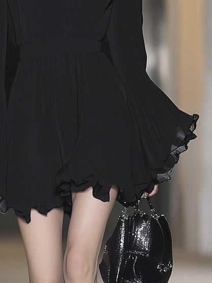 Elegant Black Chiffon Trumpet Sleeve Long Sleeve Mini Dress