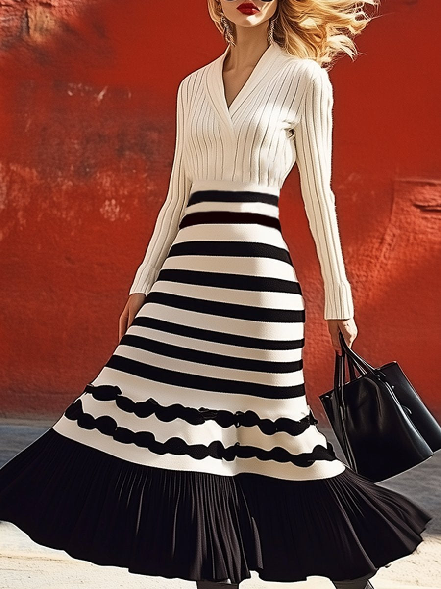 High-End Fashion Lazy Lapel Black And White Striped Maxi Dress