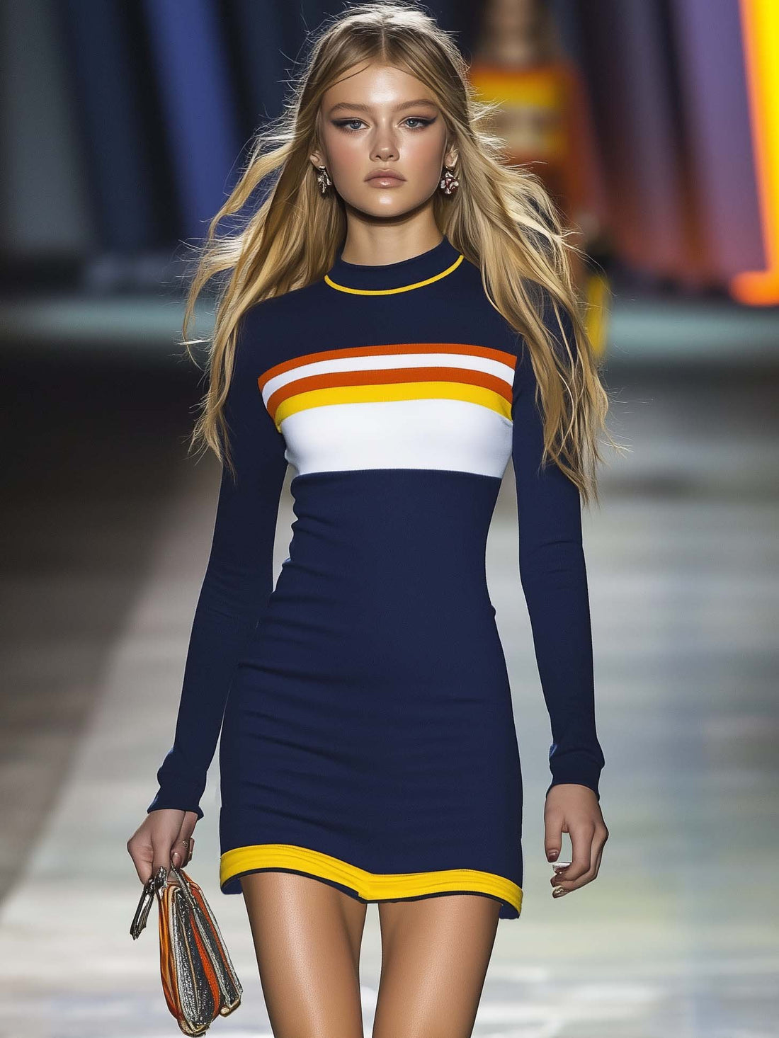 Elegant Colorful Striped Round Neck Dark Blue Long Sleeve Mini Dress