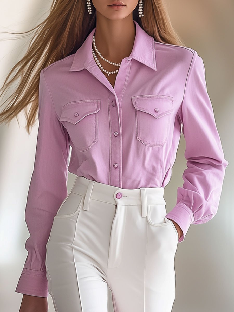 Casual Loose Pink Denim Pocket Long Sleeve Blouse