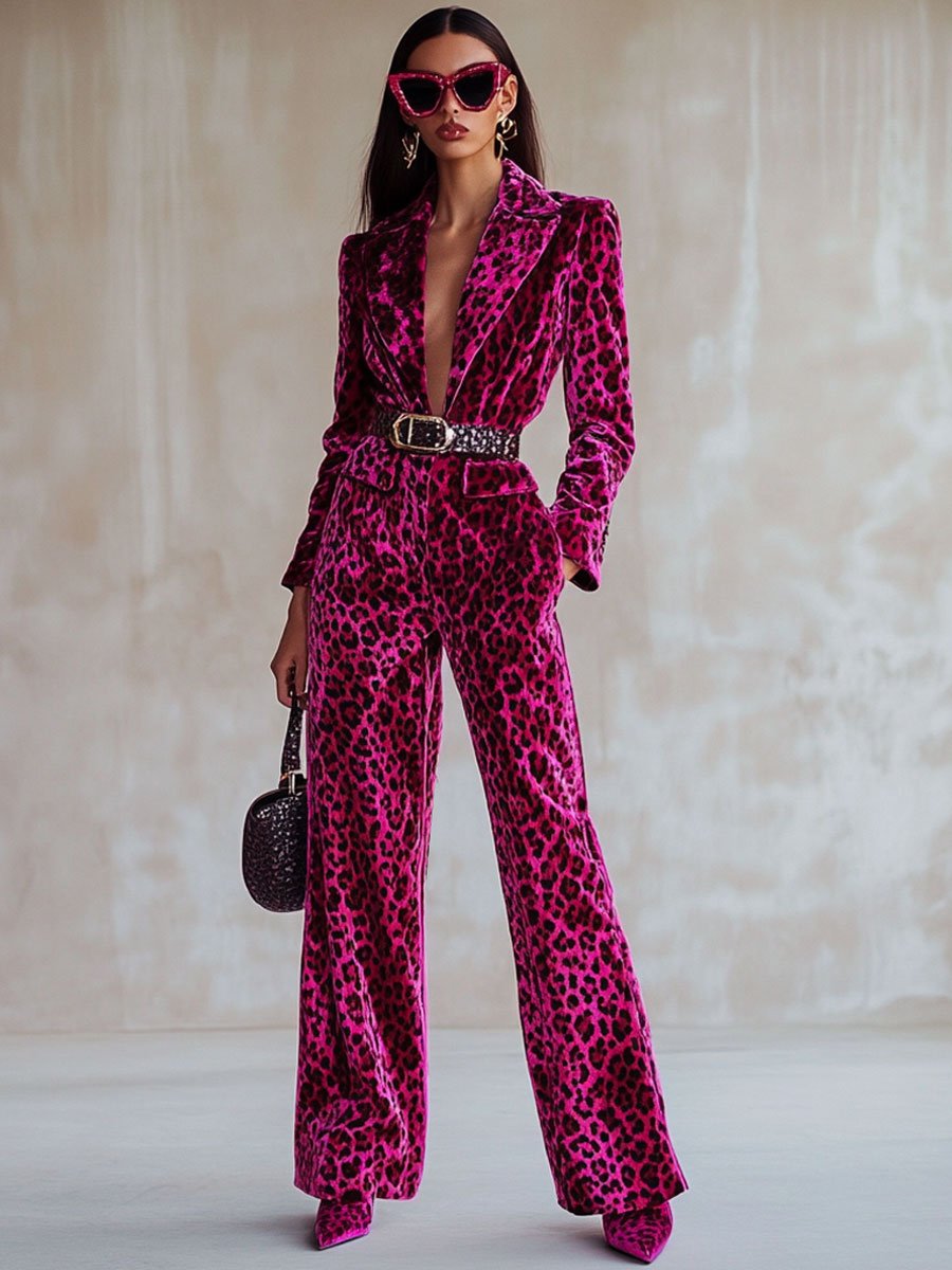 Casual Loose Vintage Velvet Leopard Print Lapel Pocket Jumpsuit