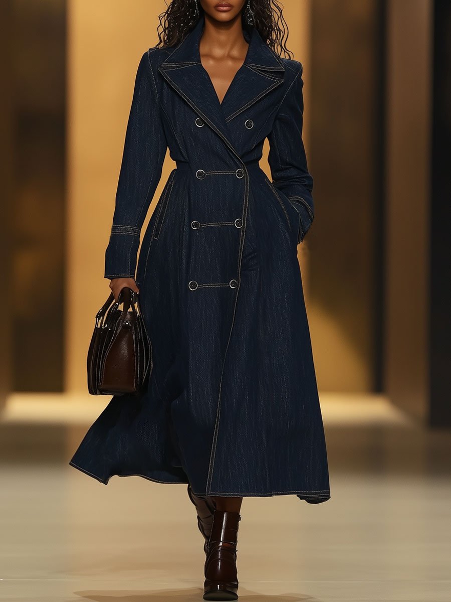 Casual Vintage Double Breasted Denim Long Sleeve Dress Style Trench Coat