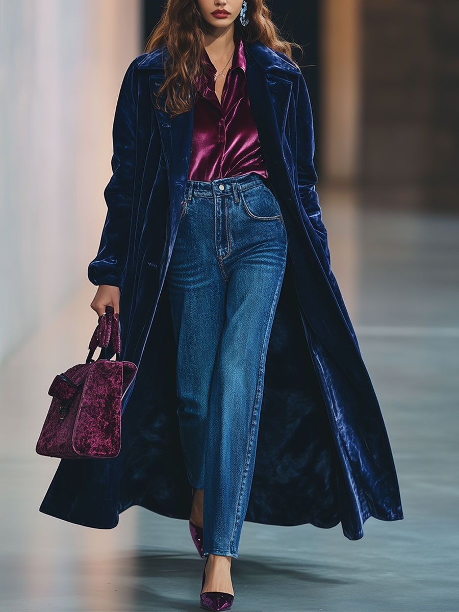 Casual Loose Retro Velvet Single-Breasted Lapel Long Coat