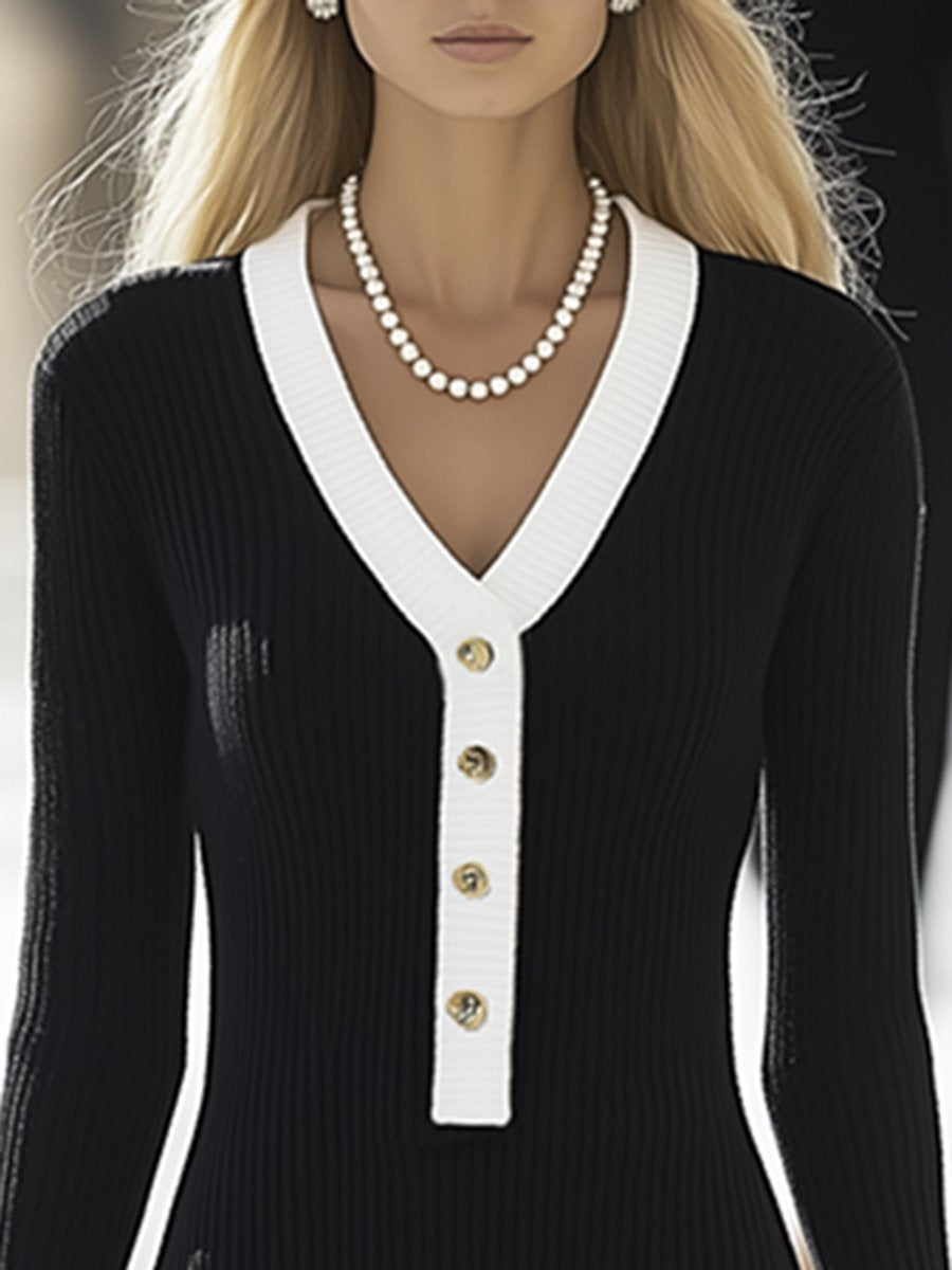 High-End And Elegant Chanel Style Black And White Contrast Knitted Midi Dress