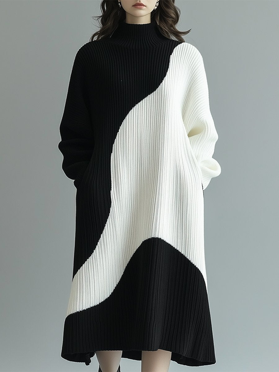 Lazy High-End Black And White Contrast Half-High Collar Pullover Knitted Dress