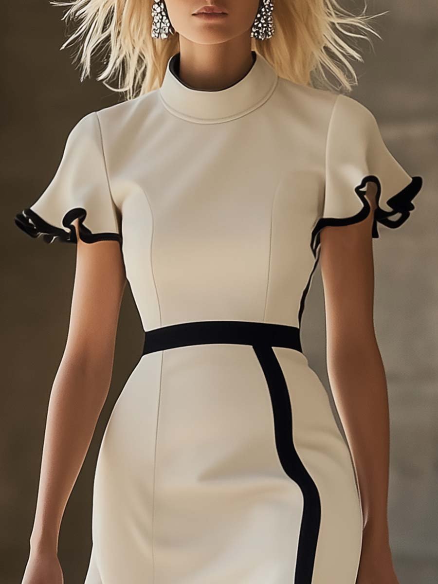 Elegant Half-high Collar Black Edge Asymmetrical Beige Midi Dress