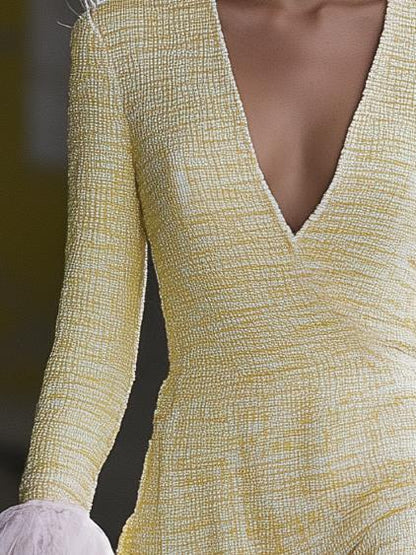 Elegant V-neck Tweed Yellow Long Sleeve Mini Dress