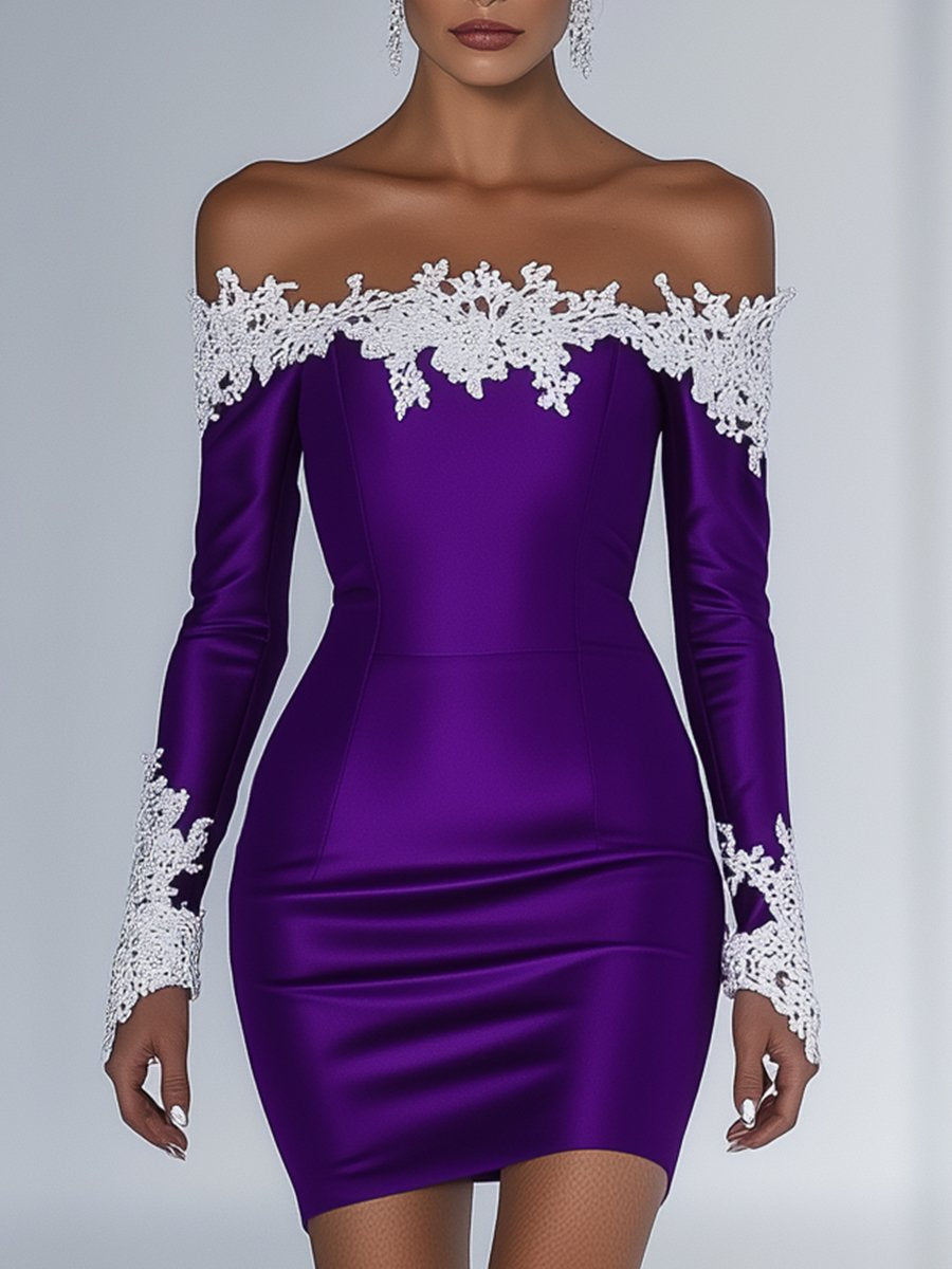 Charming and Sexy White Lace Purple Satin One-shoulder Long-sleeved Mini Dress