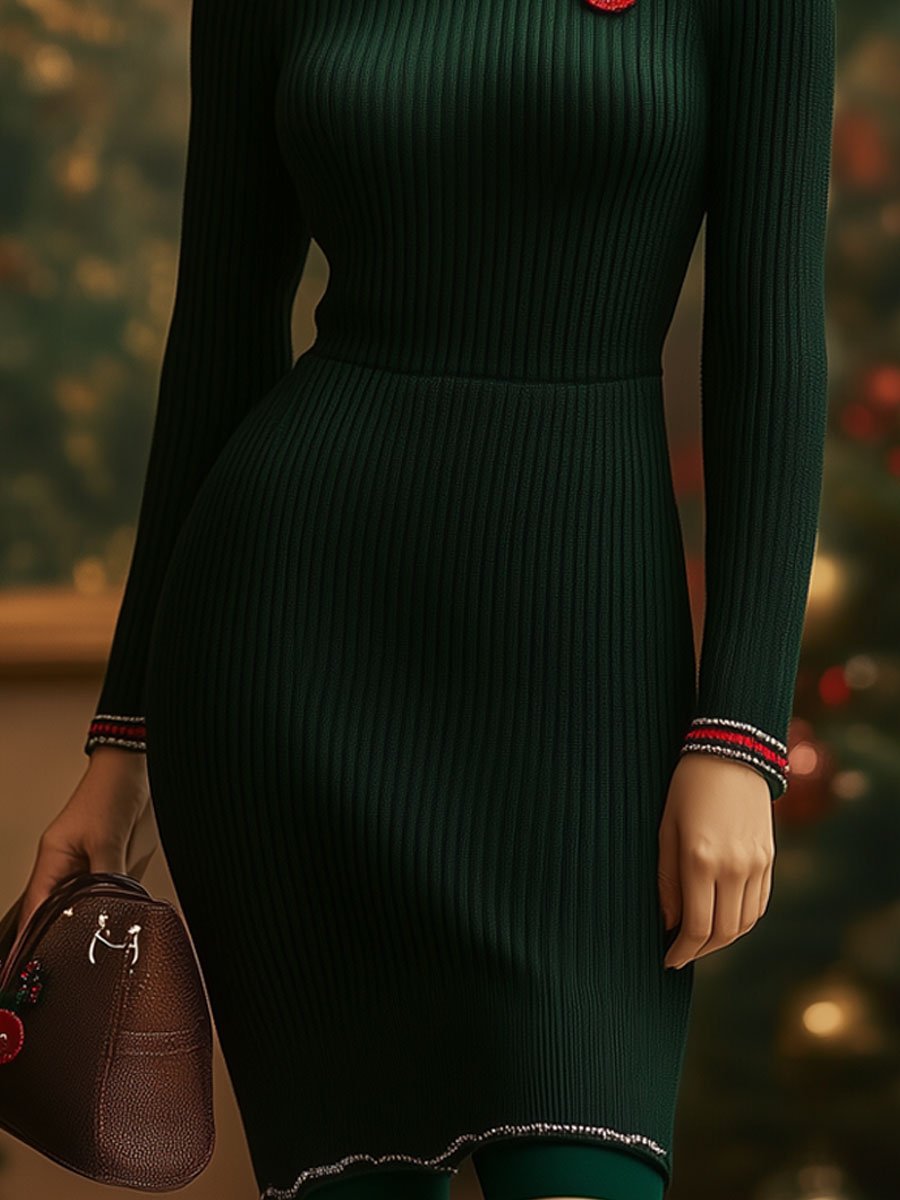 Fashion Retro Christmas Red And Green Striped Long-Sleeved Woolen Mini Dress