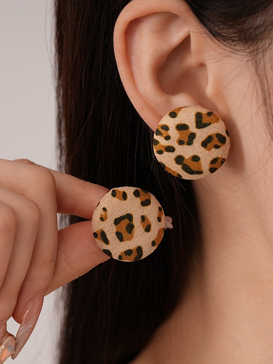 Vintage Fabric Leopard Print Geometric Petal Steel Needle Earrings