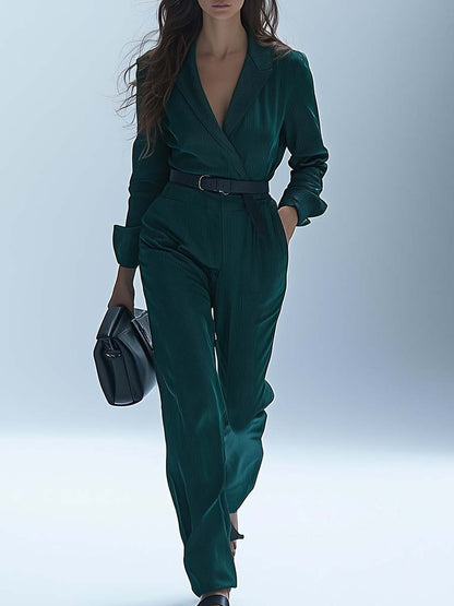 Fashionable Commuting Fine-grained Shiny Emerald Green Business Jumpsuit