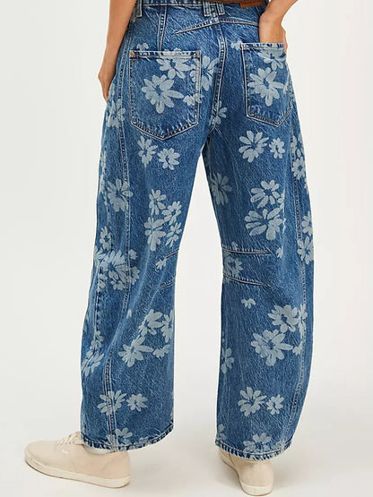 Casual Loose Fashion Floral Printed Denim Pants