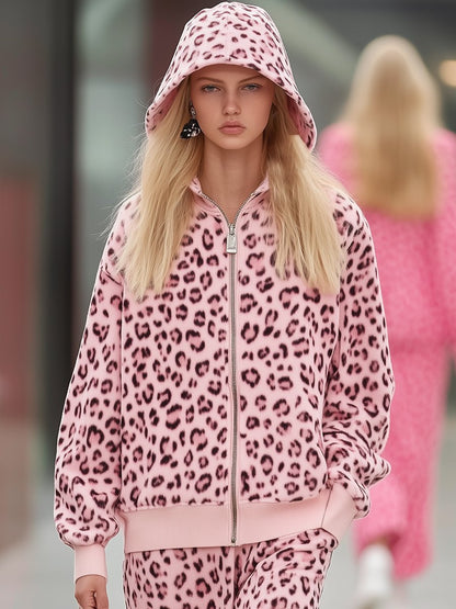 Casual Loose Fashion Hooded Pink Leopard Print Sweater Jacket