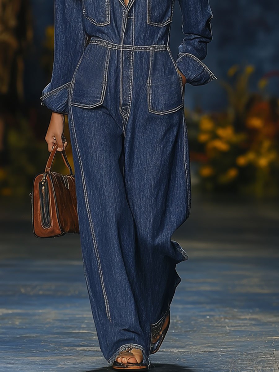 Casual Simple Retro Multi-Pocket Long Sleeve Denim Wide Leg Jumpsuit