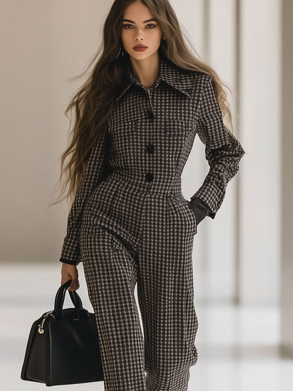 Casual Loose Retro Wool Houndstooth Long Sleeve Jumpsuit