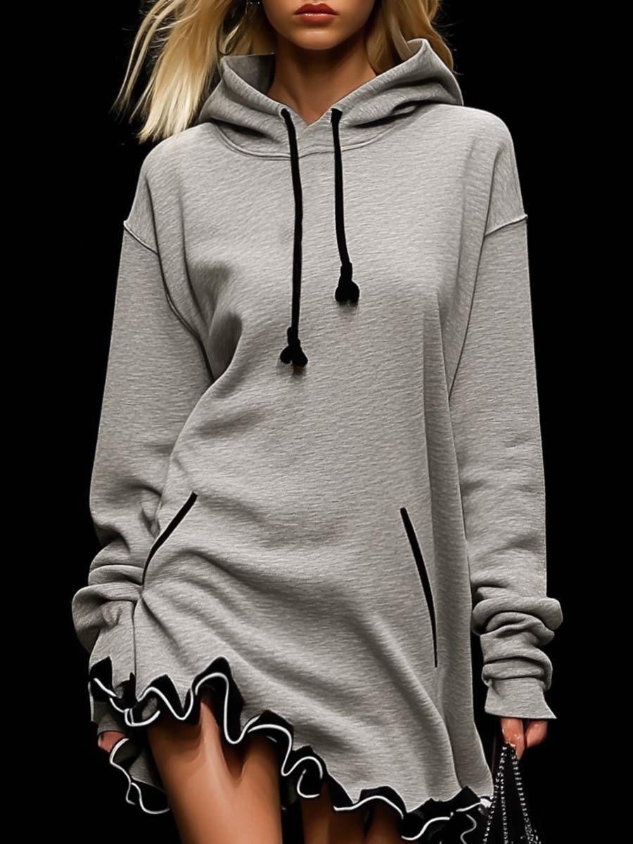 Fashionable Hooded Ruffled Hem Sweatshirt Style Mini Dress