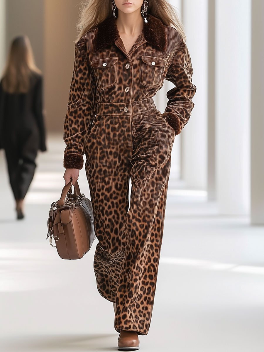 Casual Loose Retro Corduroy Leopard Fur Collar Long Sleeve Jumpsuit