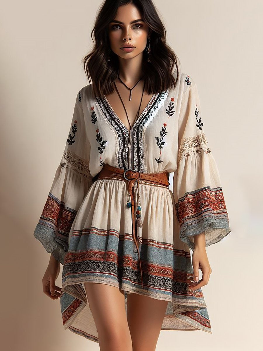 Retro Bohemian Printed V-Neck Mini Dress