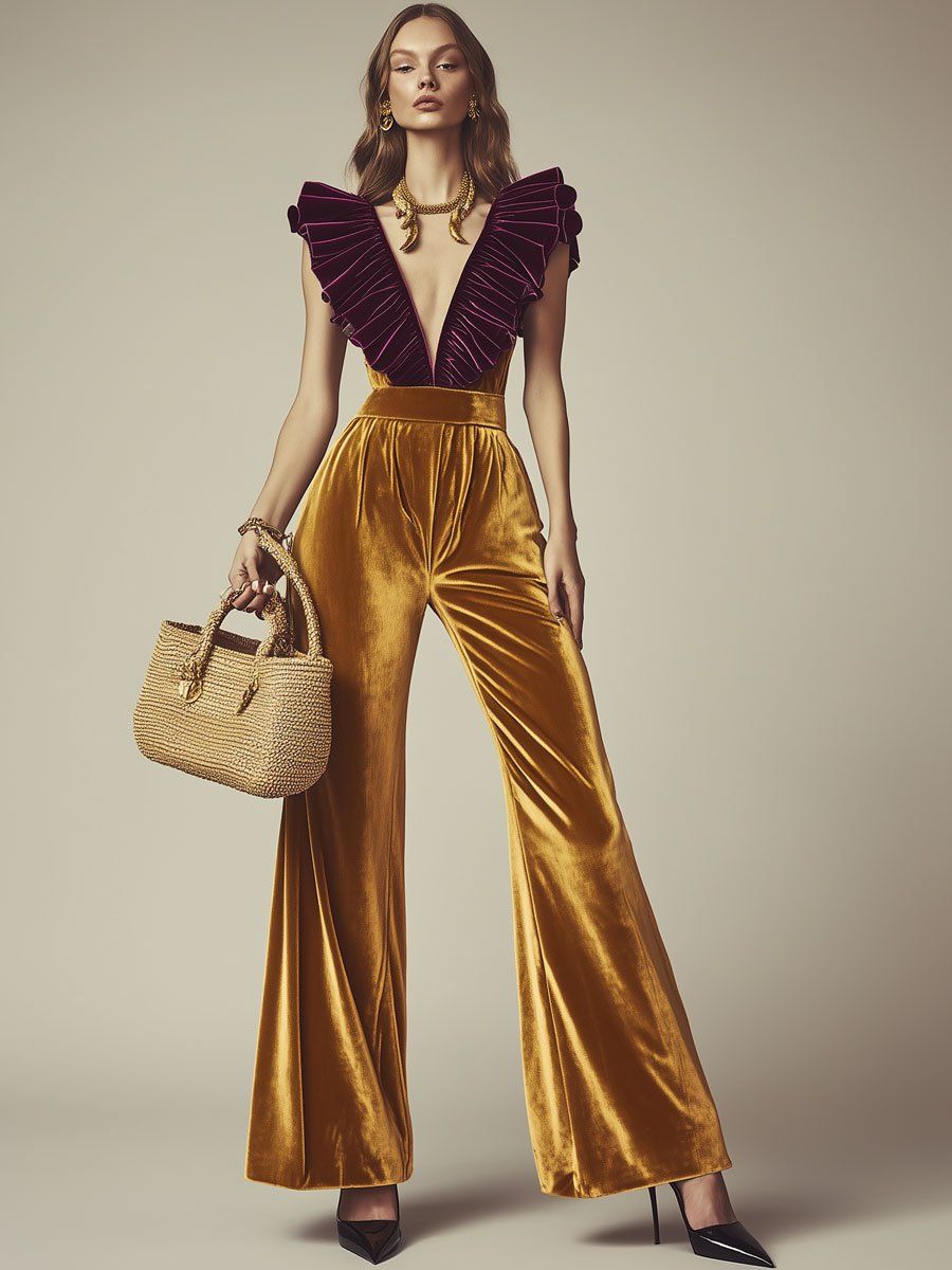 Casual Fashion Vacation V-neck Purple Ruffle Gold Velvet Sleeveless Jumpsuit