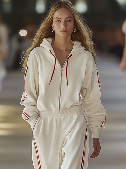 Loose Casual Red Striped Off-White Zipper Hooded Sports Jumpsuit