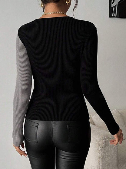 High-End And Fashionable Cross-Color V-Neck Sweater