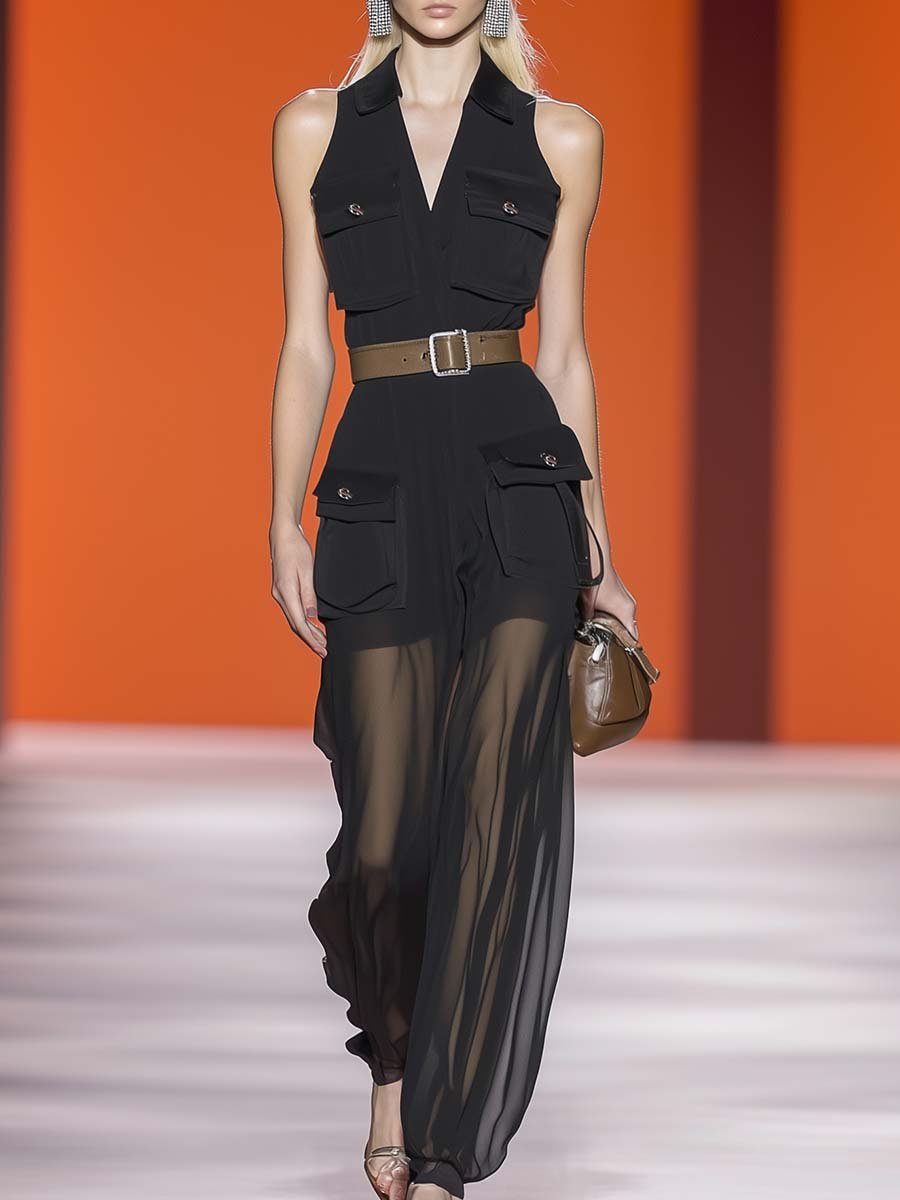 Fashion V-neck Sleeveless Belted Cargo Pocket Black Chiffon Jumpsuit