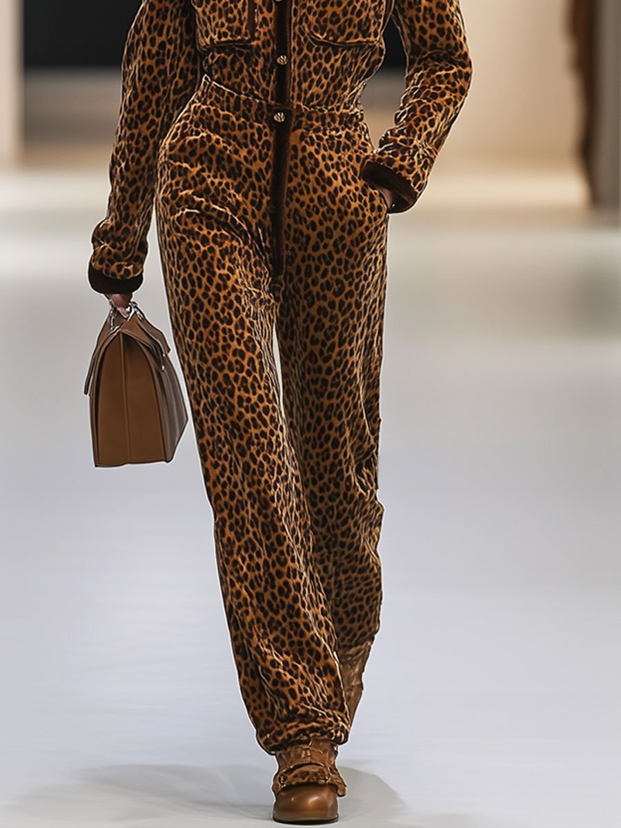 Casual Loose Retro Velvet Leopard Print Patchwork Long-Sleeved Jumpsuit