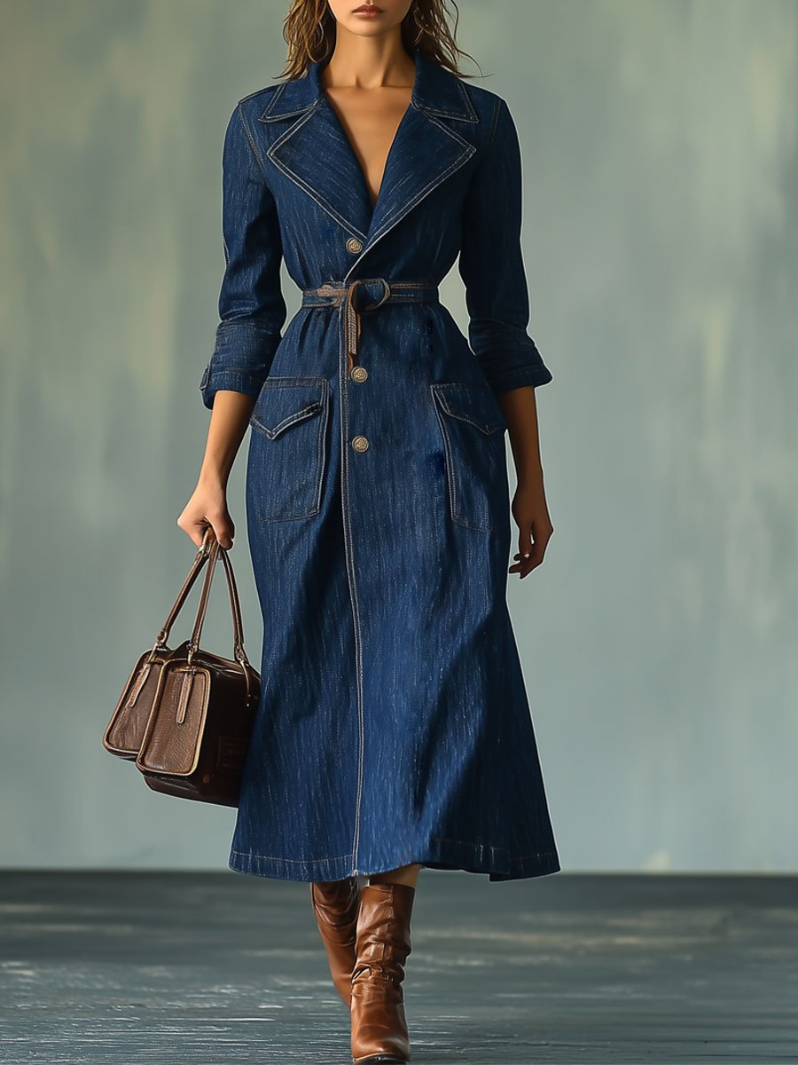 Casual Retro Lapel Tie Pocket Mid-Length Denim Trench Coat