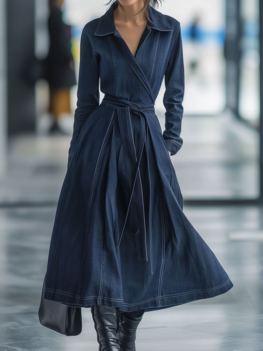 【24-hour shipping】Casual Loose Retro Belted Long Sleeve Trench Coat Denim Midi Dress