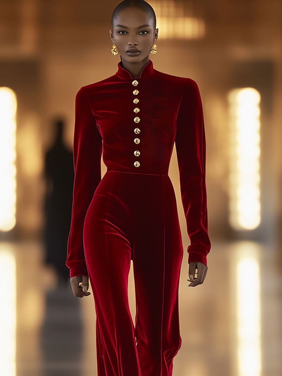 Fashion Retro Red Velvet Metal Button Long Sleeve Flared Jumpsuit