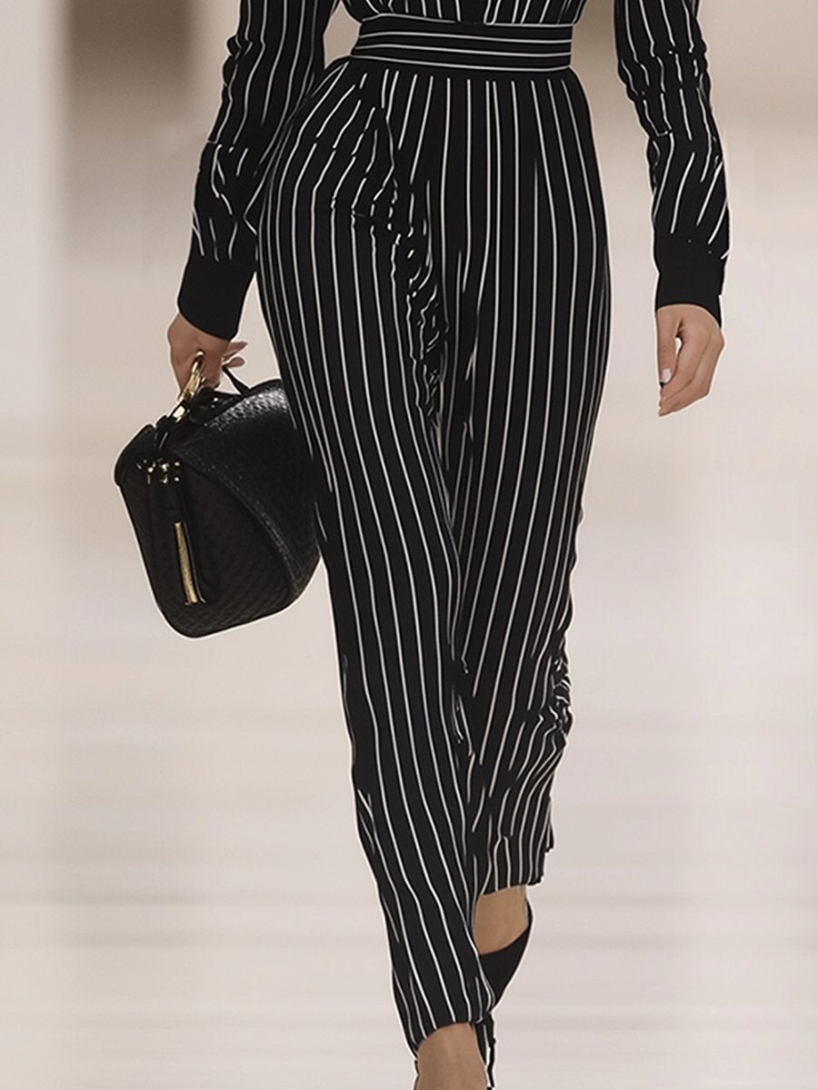 Elegant Classic Hollow Striped Long Sleeve Jumpsuit