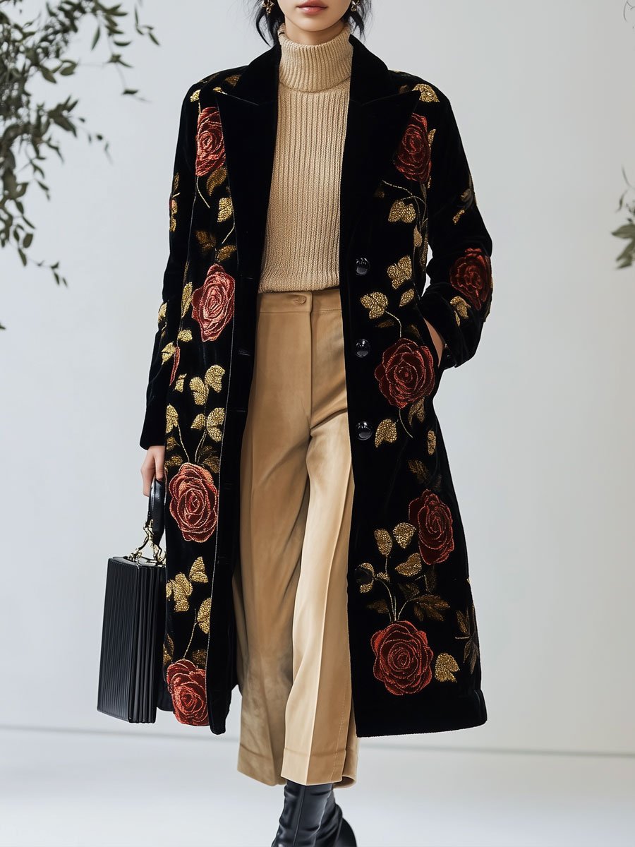 【24-hour shipping out】Casual Loose Vintage Velvet Rose Print Pocket Long Coat