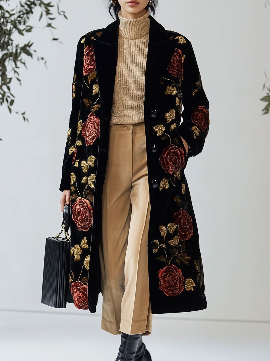 Casual Loose Vintage Velvet Rose Print Pocket Long Coat