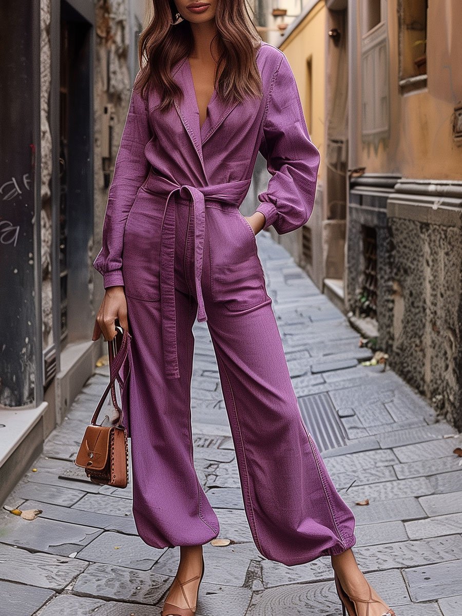 【24-hour shipping】Casual Loose Belted Pocket Purple Denim Long Sleeve Jumpsuit