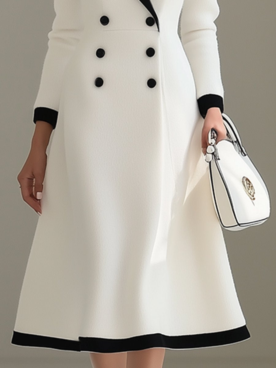 High-End And Elegant Black Lapel White Woolen Midi Dress