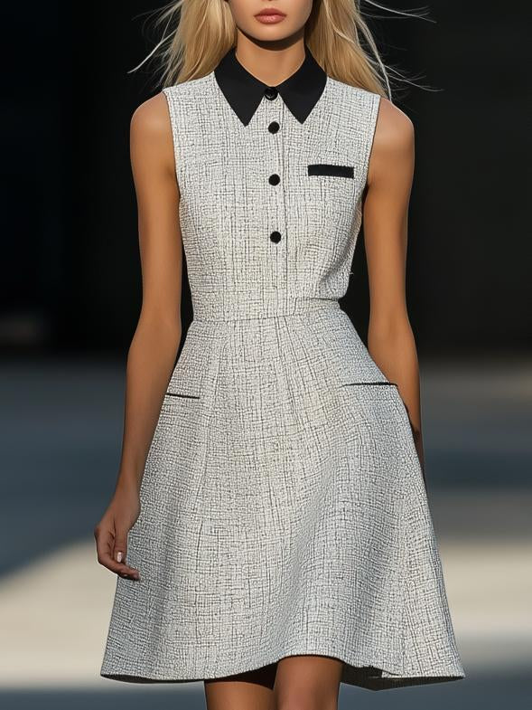 Elegant High-End Tweed Lapel Sleeveless White Midi Dress