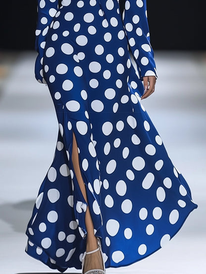 French Elegant and Fashionable Polka Dot Slit Maxi Dress