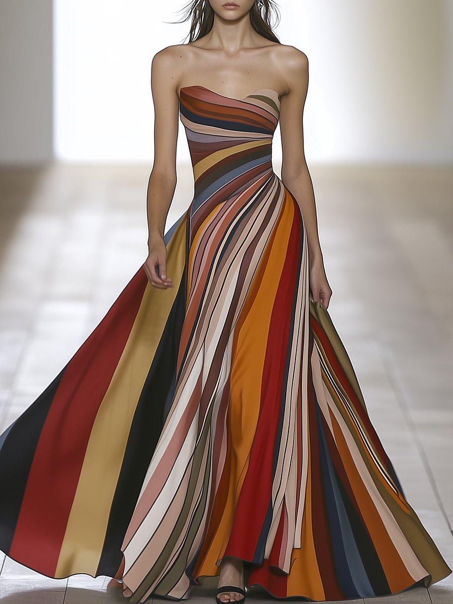 Elegant and Charming Tube Top Color Striped Satin Sleeveless Maxi Dress