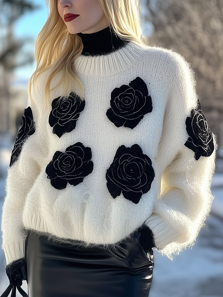 Fashion Loose Casual  Rose Decorated Mohair Sweater