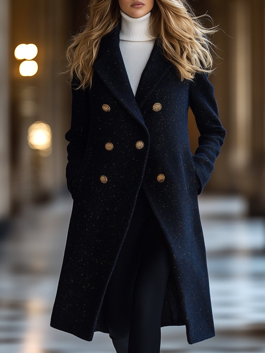 Elegant And Fashionable Loose Gold Double-Breasted Deep Sea Blue Woolen Midi Coat