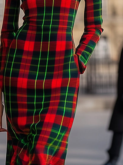 Retro And Fashionable High-End Color Matching Round Neck Red And Green Plaid Dress