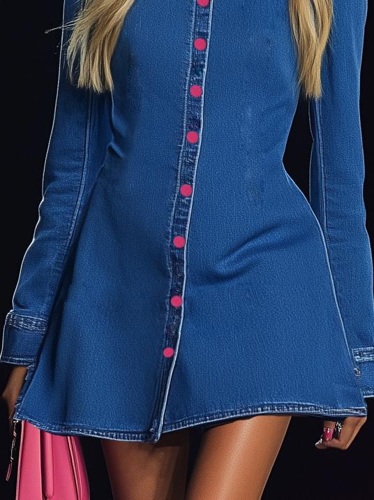 Simple Stand Collar Denim Long Sleeve Mini Dress