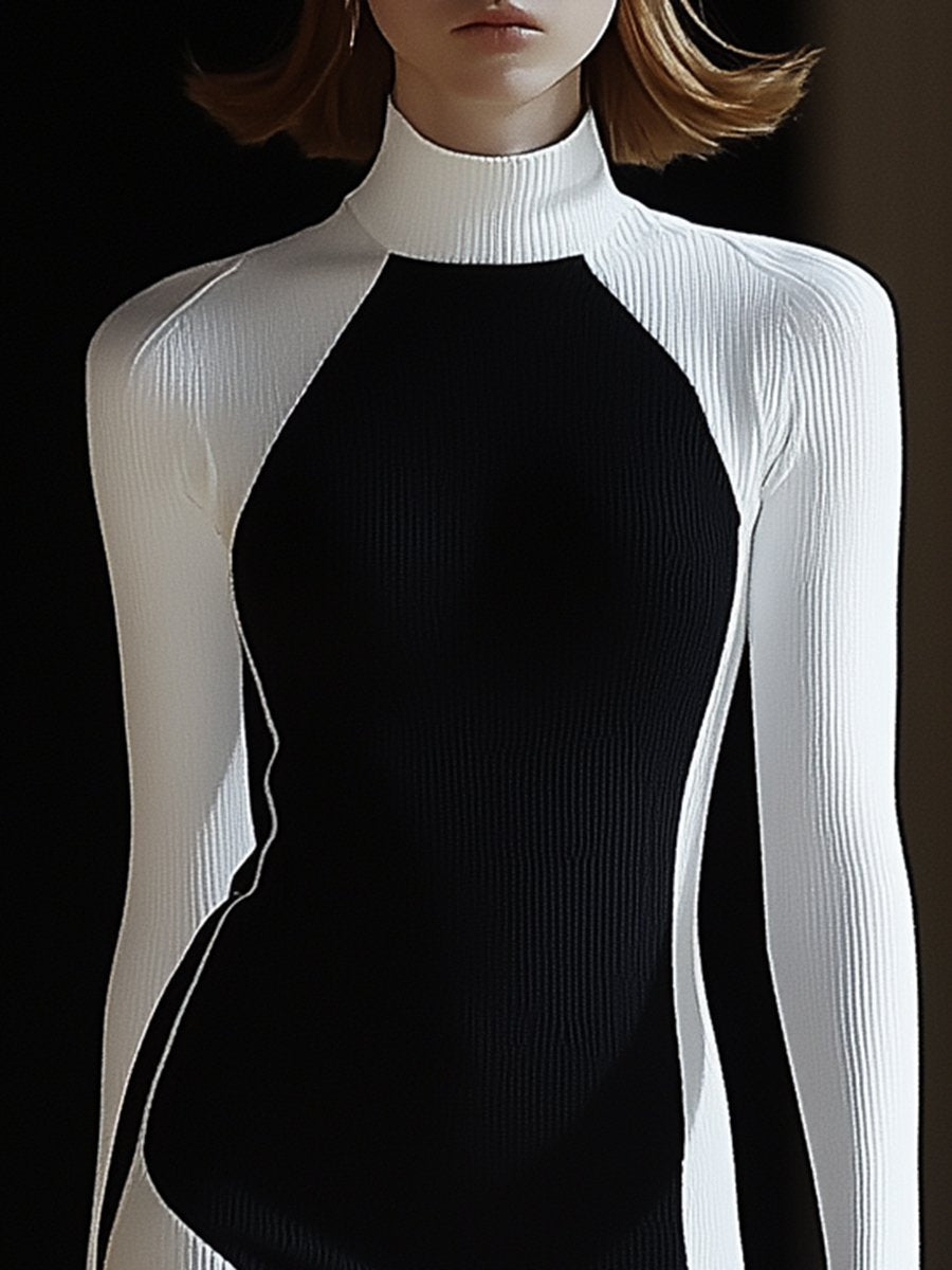 Elegant and Stylish Half-high Collar Black and White Contrast Mini Dress