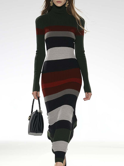 Elegant and Avant-garde High Collar Slim Contrast Color Knitted Maxi Dress