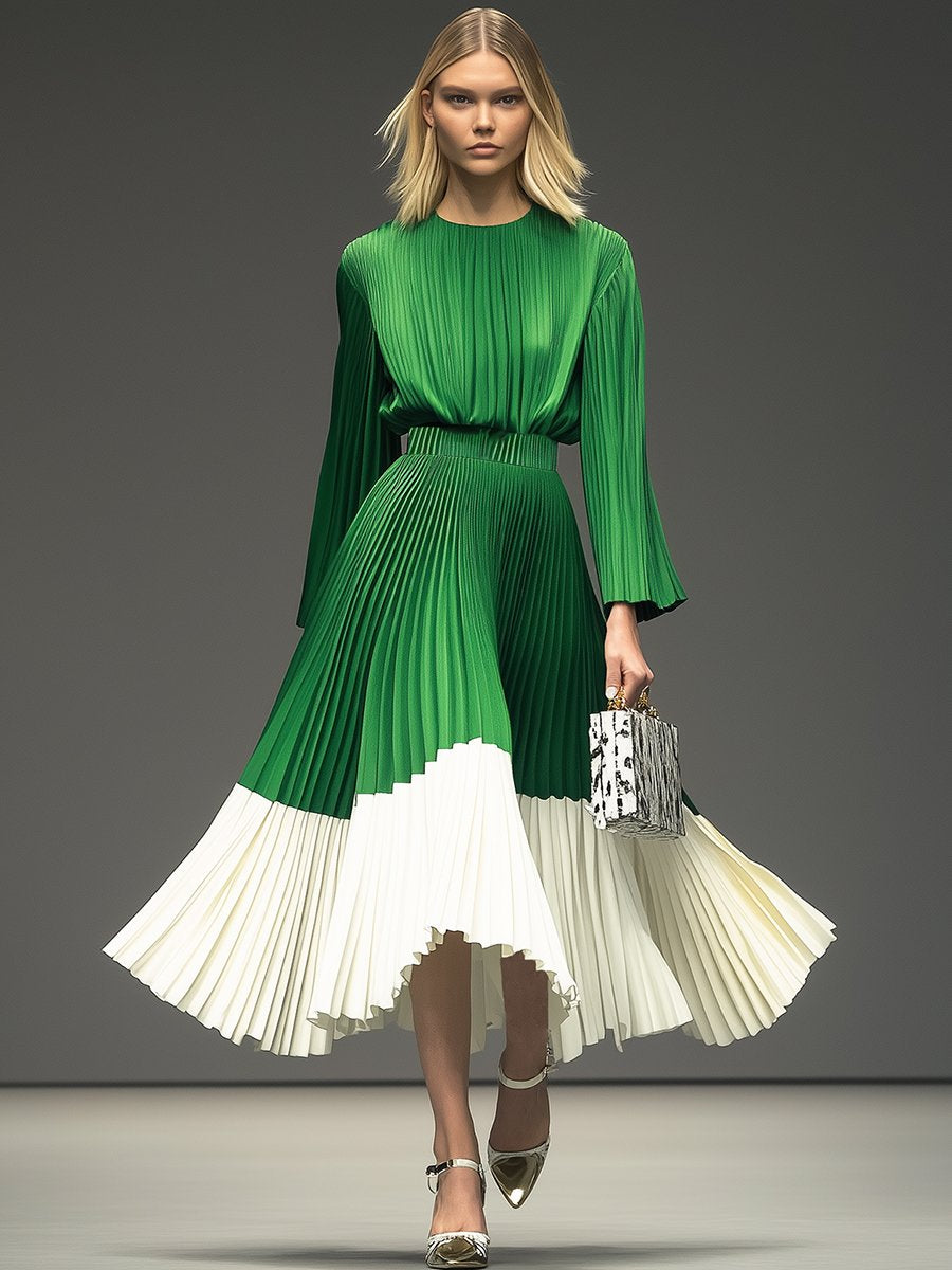 Elegant Design Pleated Fabric Color-Blocked Long-Sleeved Maxi Dress