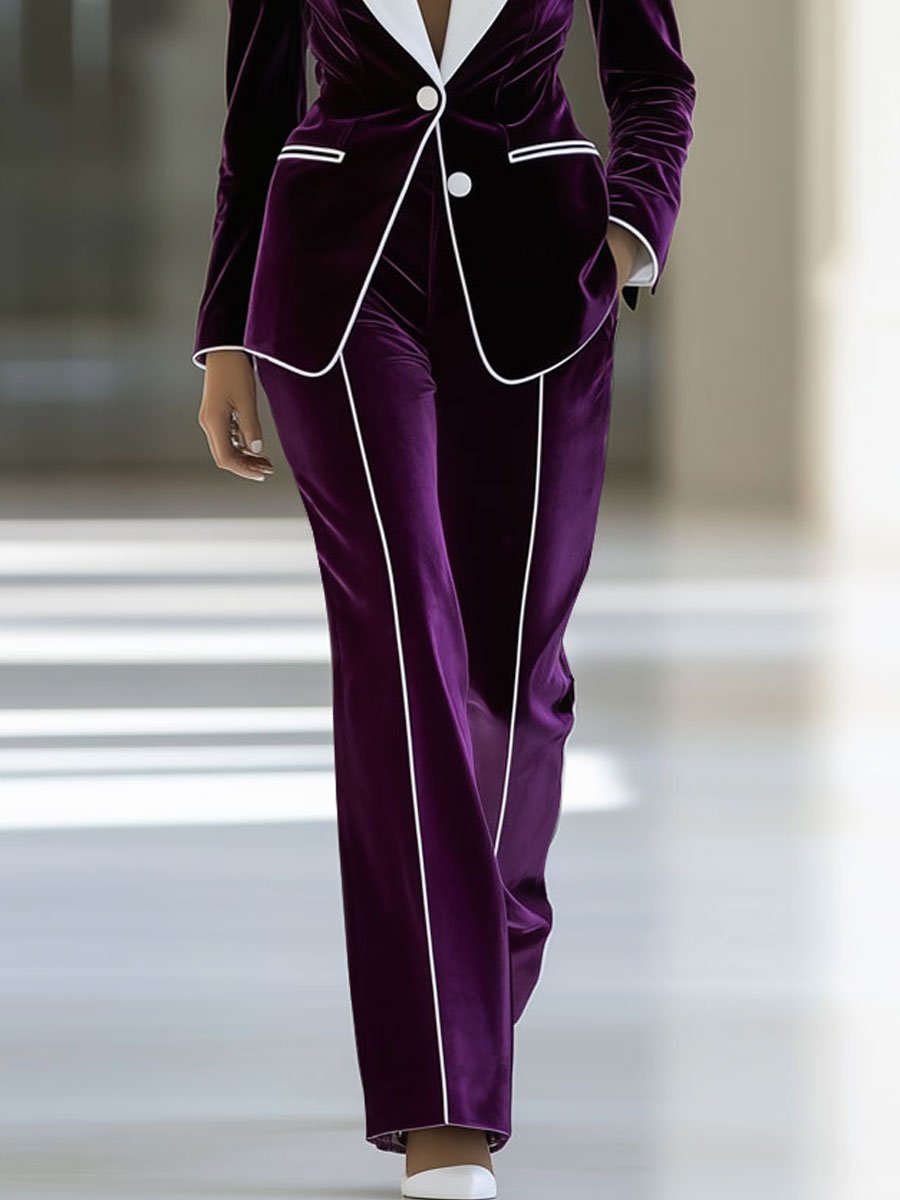 Casual Loose Retro Velvet Colorblock Suit Jacket Pants Set